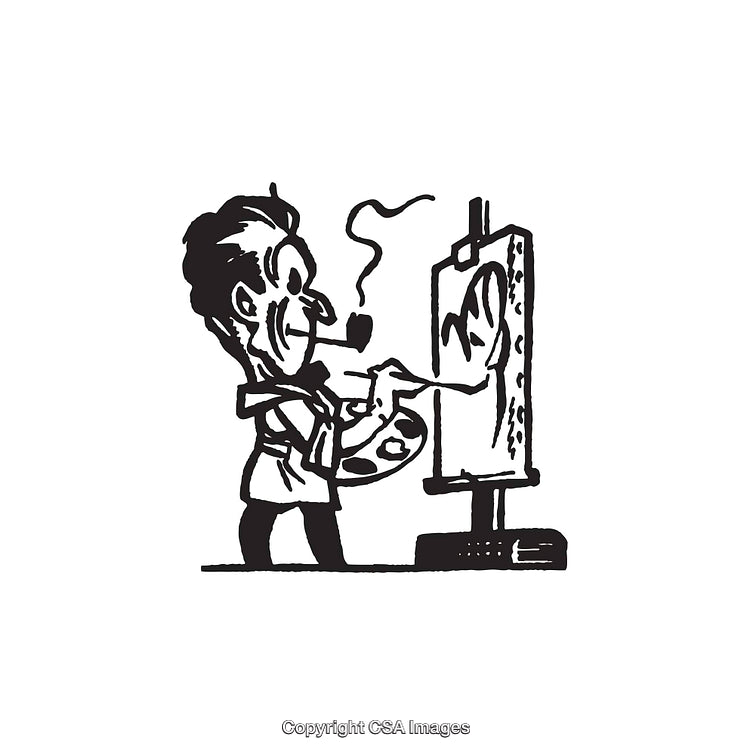 Black and White Illustration of an Artist Painting on a Canvas