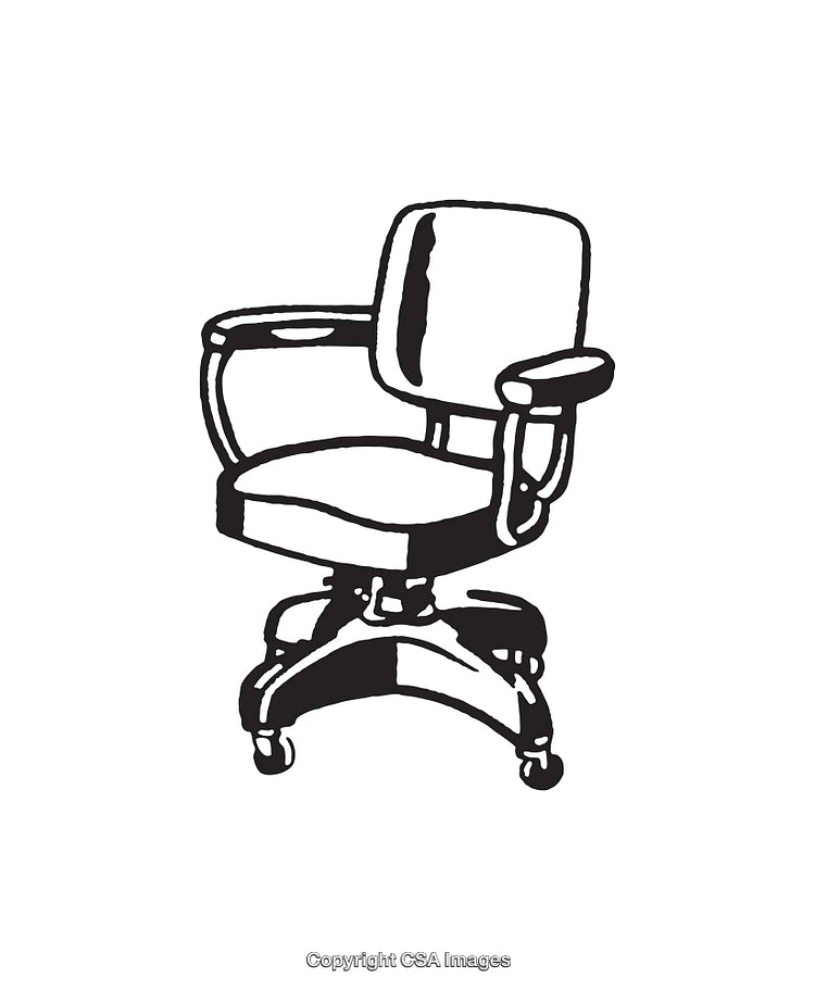 Illustration of a Rolling Office Chair in Black and White Line Art