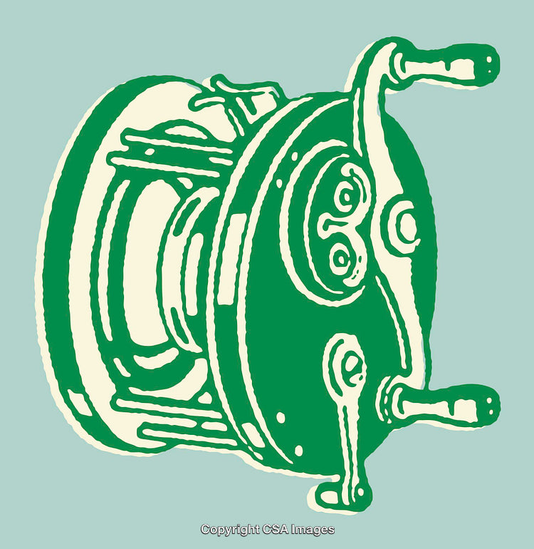 Retro Illustration of a Fishing Reel in Green and Beige Line Art