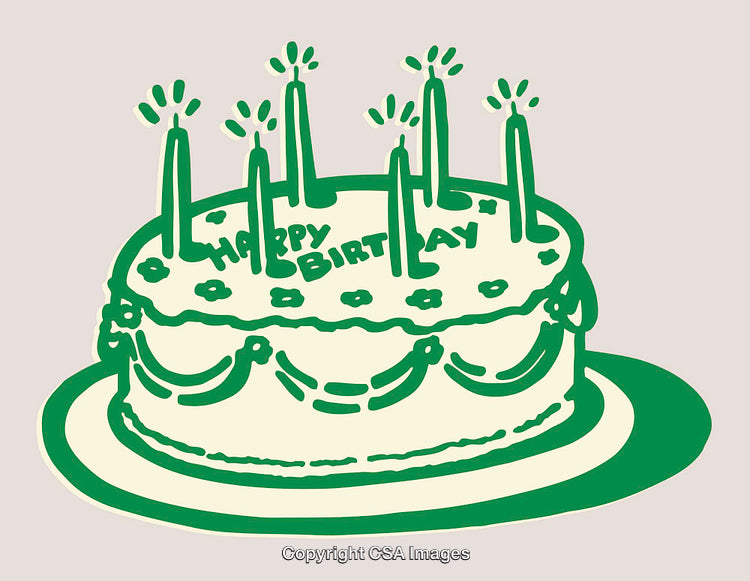 Green And White Illustrated Birthday Cake With Lit Candles