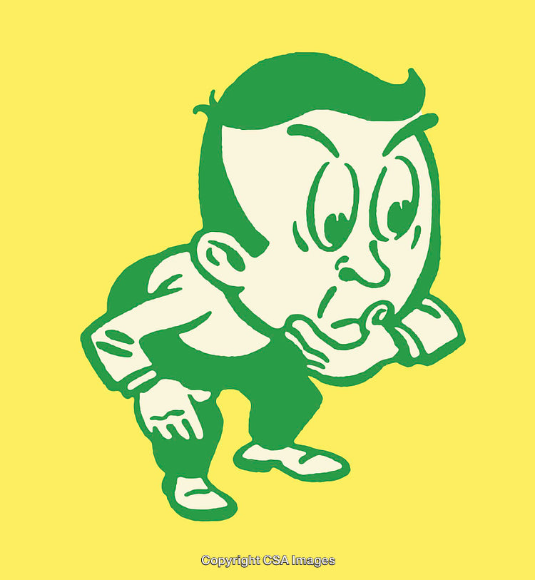 Retro Comic-Style Illustration of a Curious Thinking Character on Yellow Background