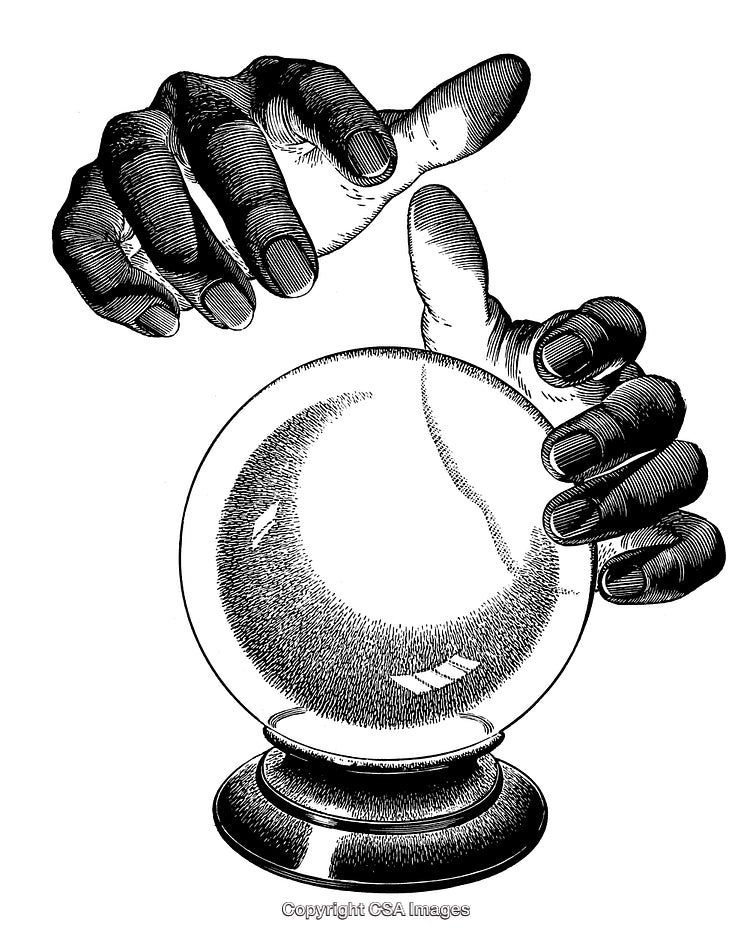 Intricate Black and White Engraving of Hands Holding a Crystal Ball
