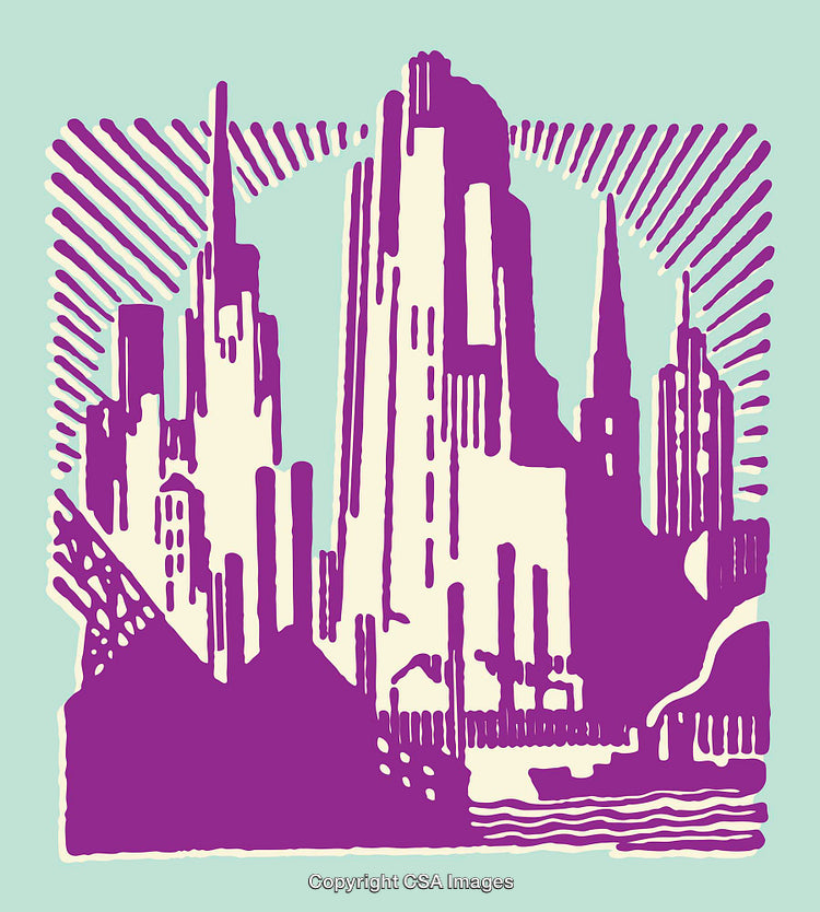 Colorful Retro Illustration of an Abstract Urban Skyline Design