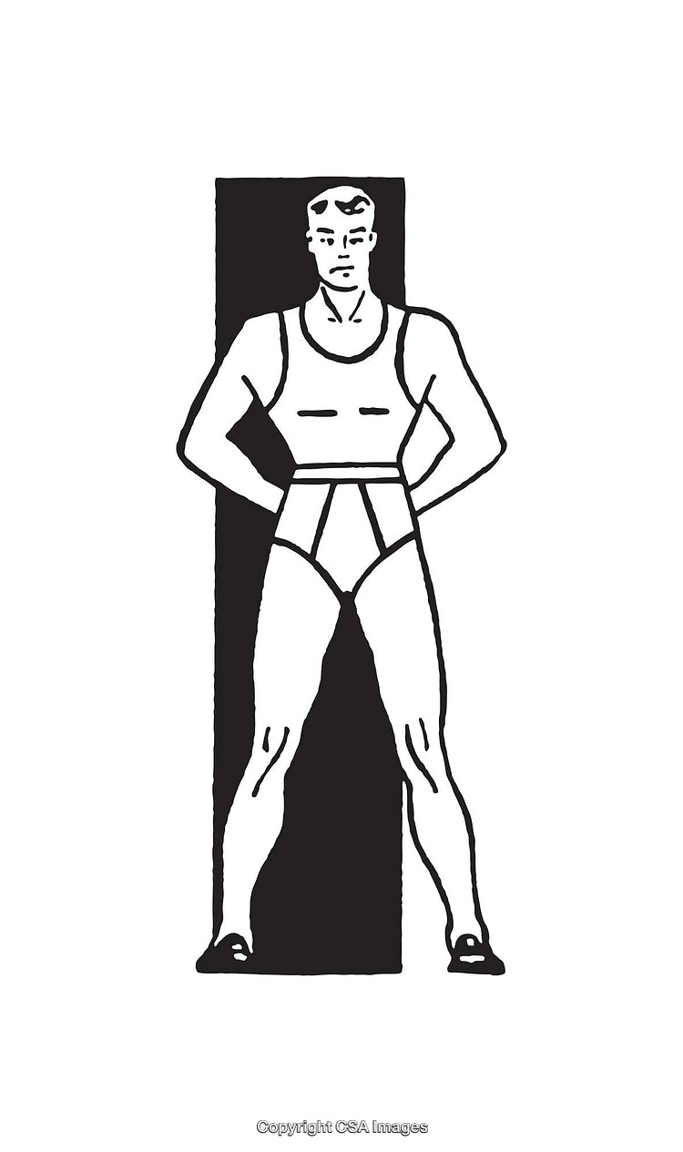 Vintage Black and White Illustration of a Standing Strongman Pose