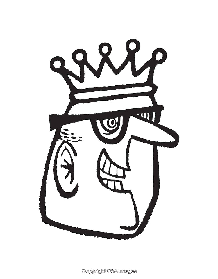 Black and White Line Art of Humorous Crowned Cartoon Face