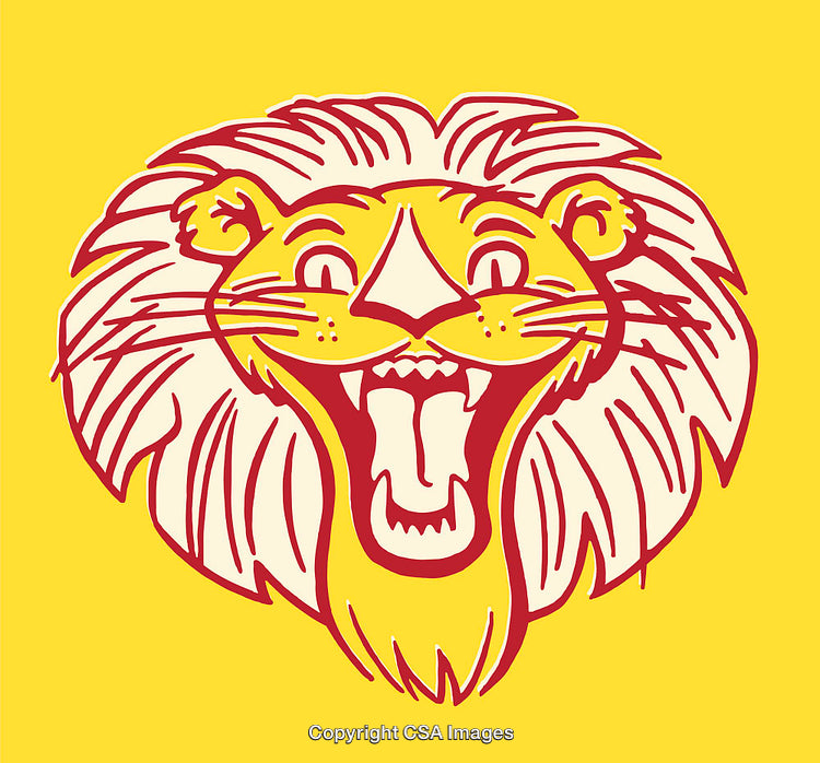 Colorful Line Art Drawing of a Roaring Lion on Yellow Background