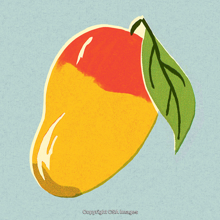 Vibrant Mango Illustration with Leaf on Textured Light Blue Background