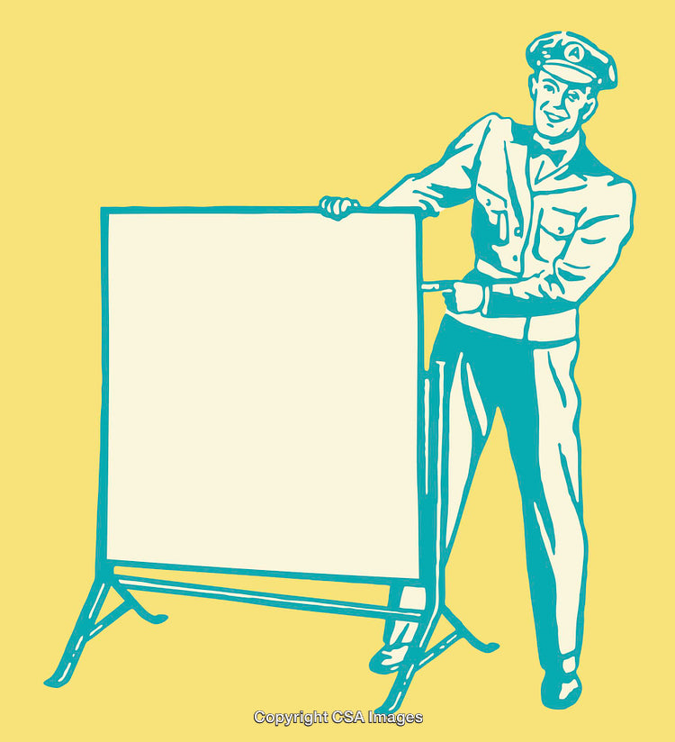 Retro Illustration of a Uniformed Man Presenting a Blank Board