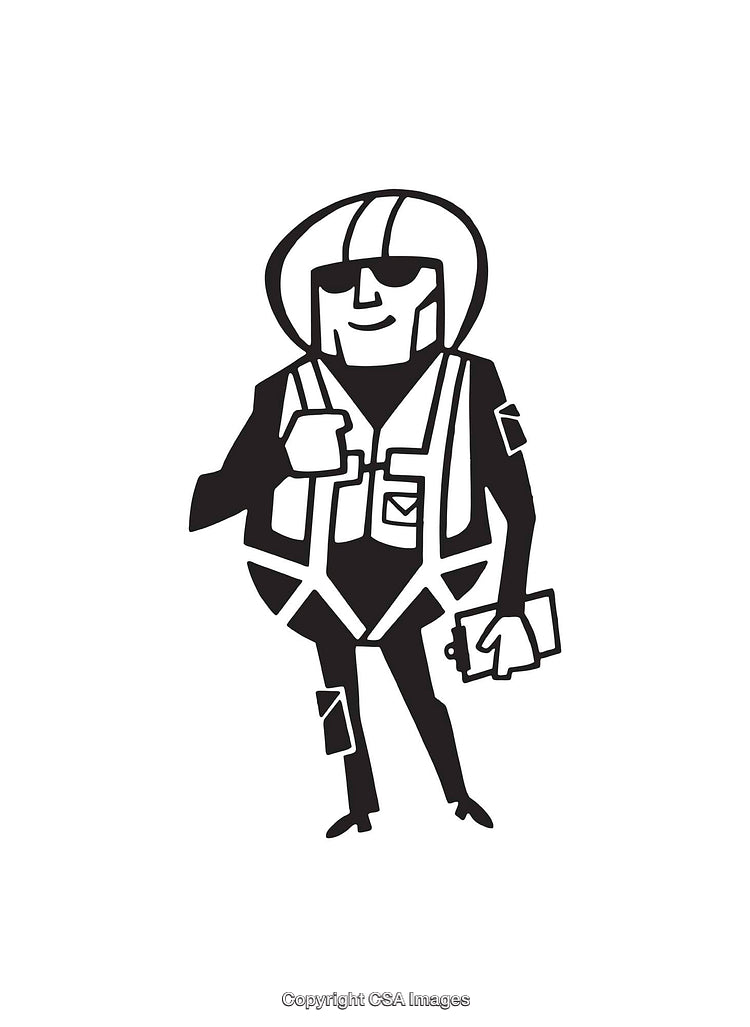 Black and White Illustration of a Worker in Safety Gear and Helmet