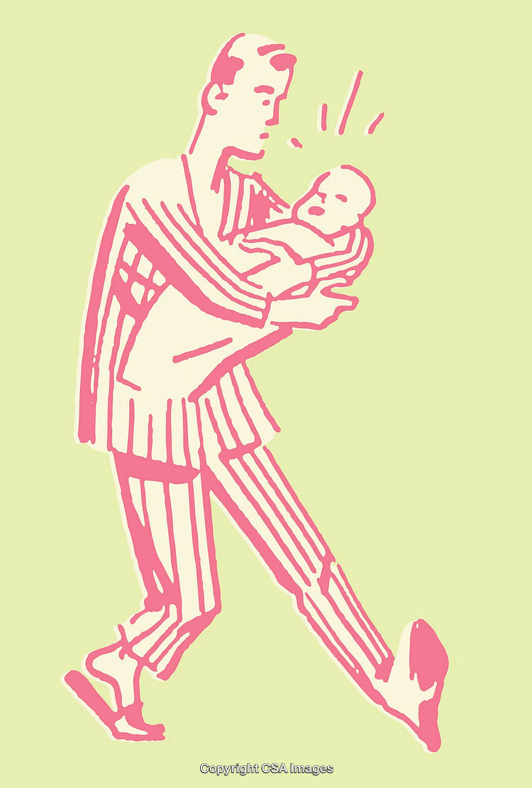 Stylized Illustration of a Father Carrying His Crying Infant in Arms
