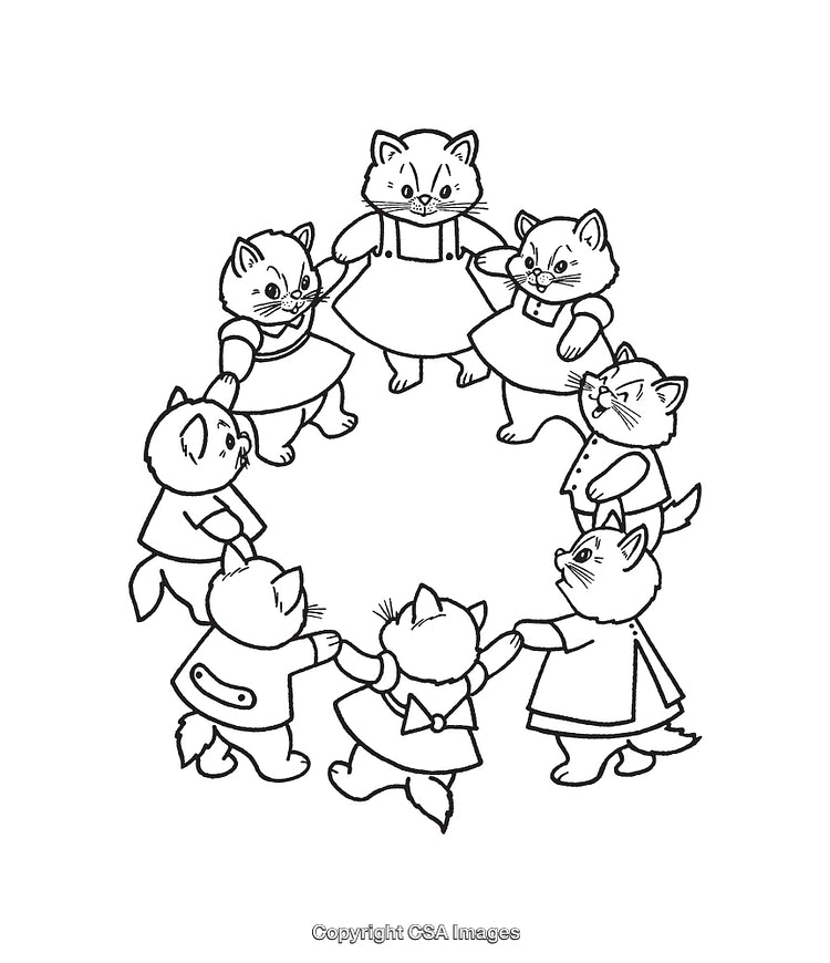 Black and White Line Art of Cats in a Joyful Circle