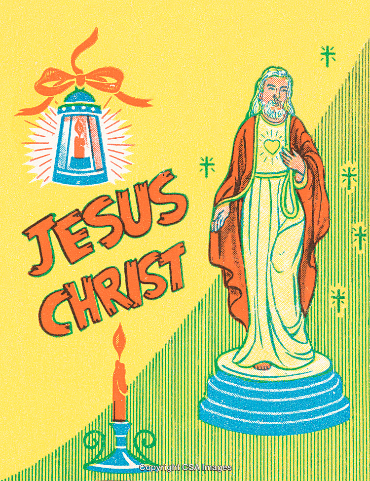 Vintage Religious Illustration Depicting Jesus Christ and Decorative Spiritual Symbols