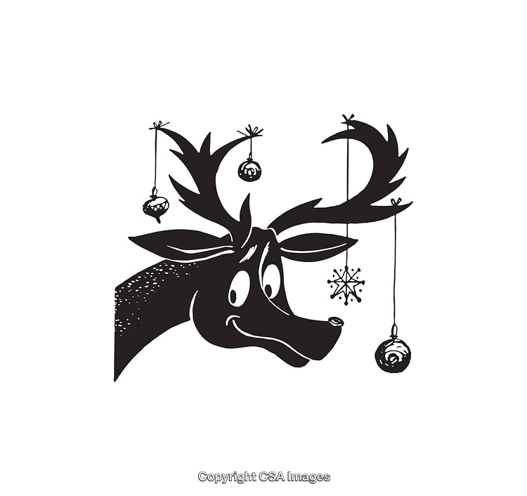 Festive Reindeer Illustration with Antlers Decorated in Christmas Ornaments