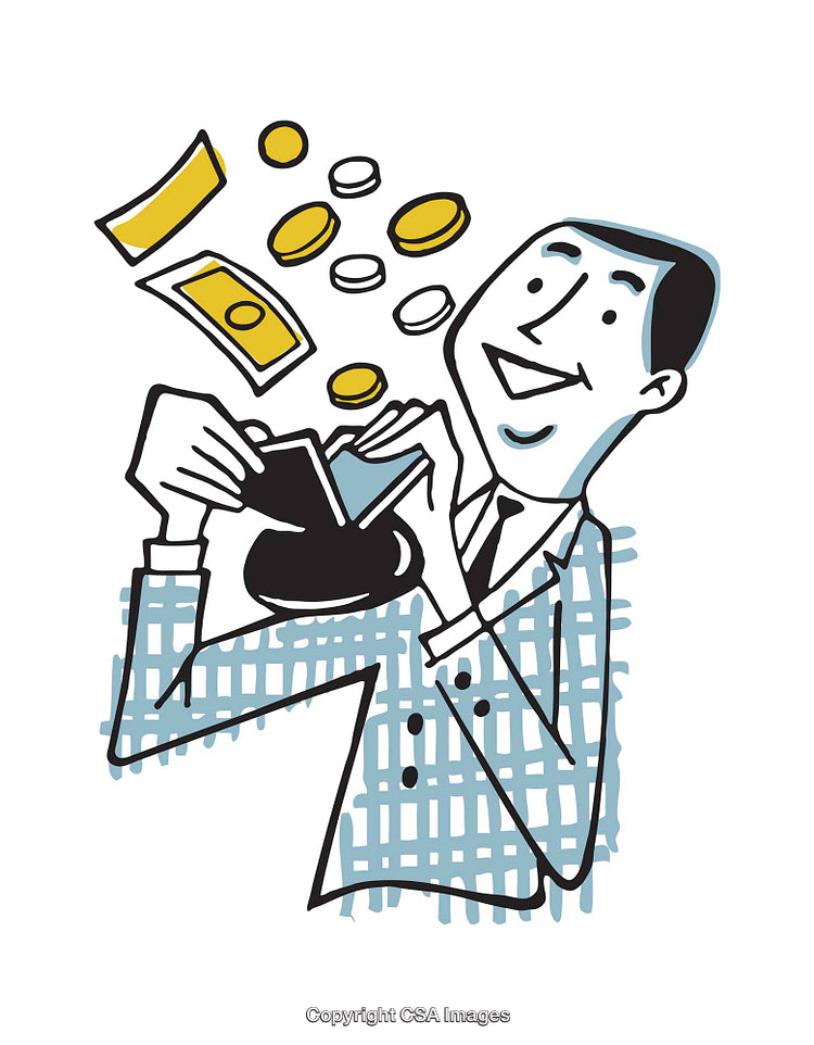 Illustration of a Happy Man with Coins and Money Notes