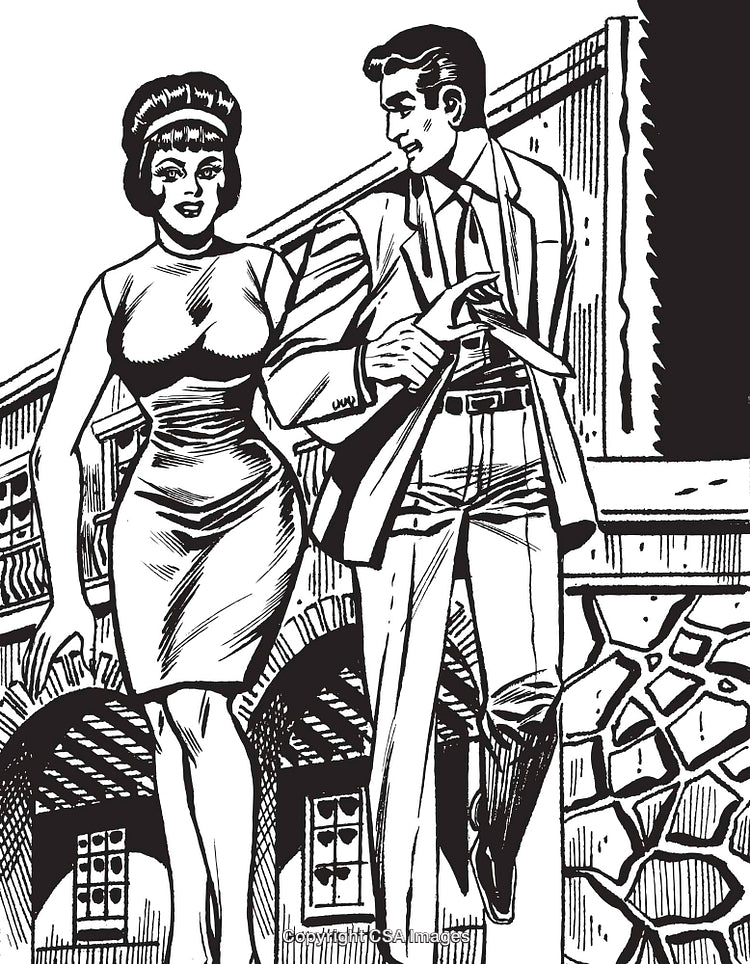 Elegant Retro Couple Strolling Near Architecturally Detailed Historic Building Scene
