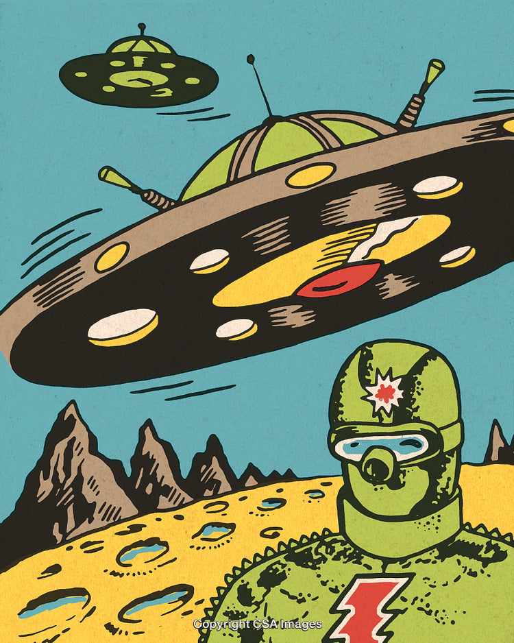 Retro Sci-Fi Scene with Alien Robot and Spaceships in Outer Space