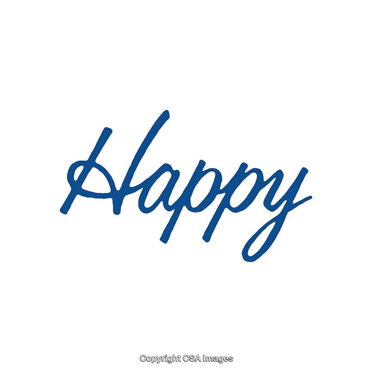 Elegant Script Showing the Word Happy in Blue on a White Background