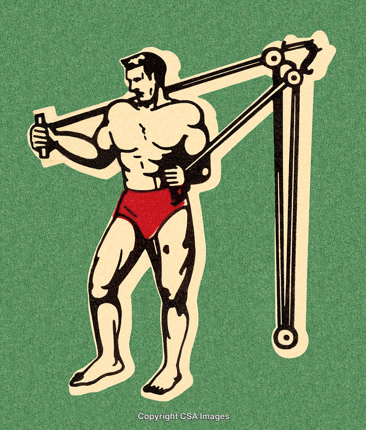 Vintage Illustration of Muscle Man Exercising with Pulley Equipment on Green Background