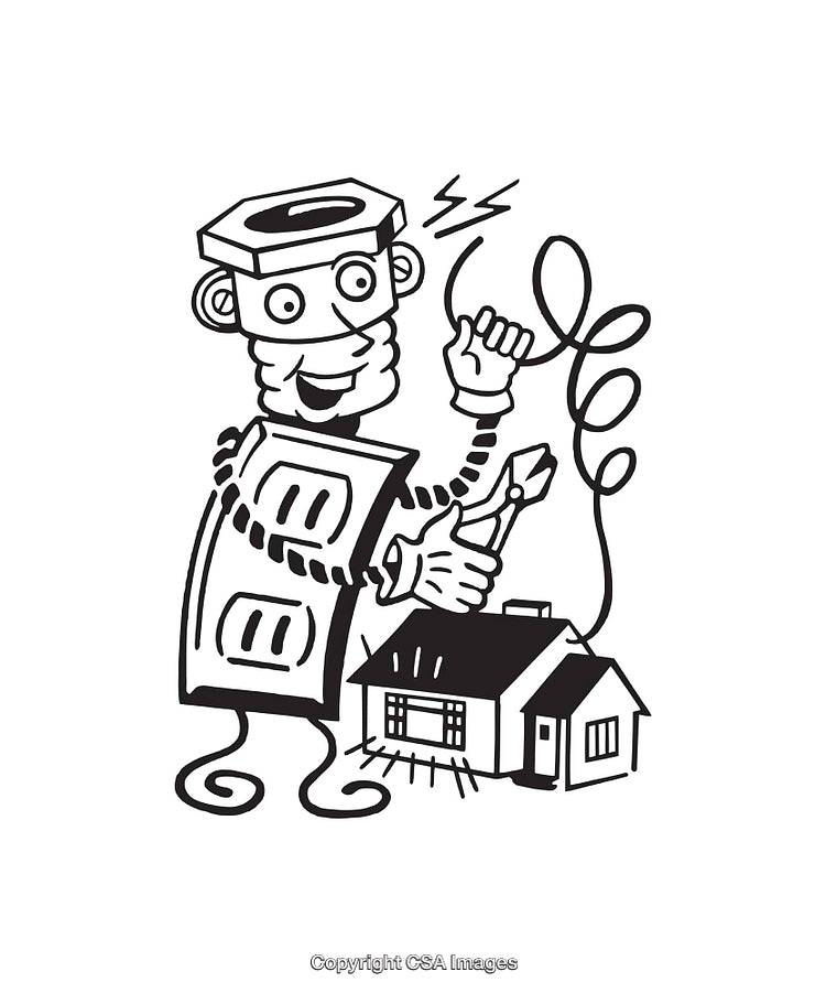 Retro Line Art Robot Installing Electric Wiring in a House