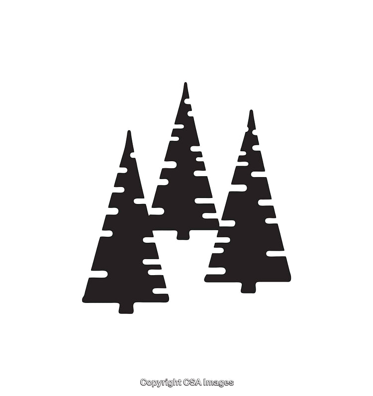 Black and White Silhouette of Three Stylized Pine Trees