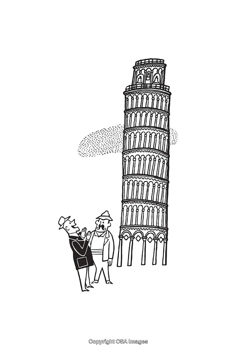Black and White Line Illustration of Leaning Tower with Tourists