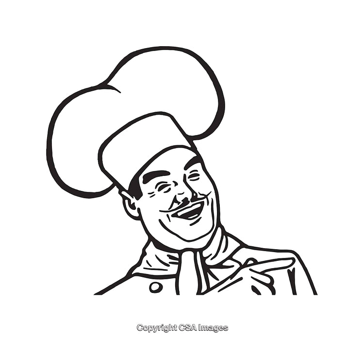 Black And White Illustration of a Happy Chef with Chef Hat and Smile