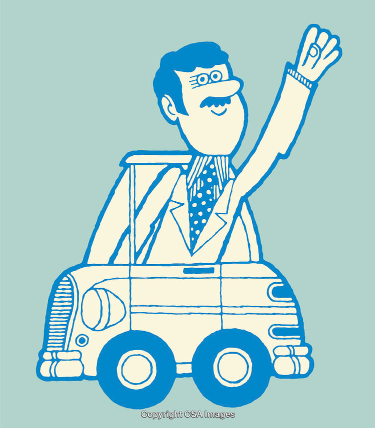 Whimsical Hand-Drawn Cartoon of Man in a Car Waving Enthusiastically