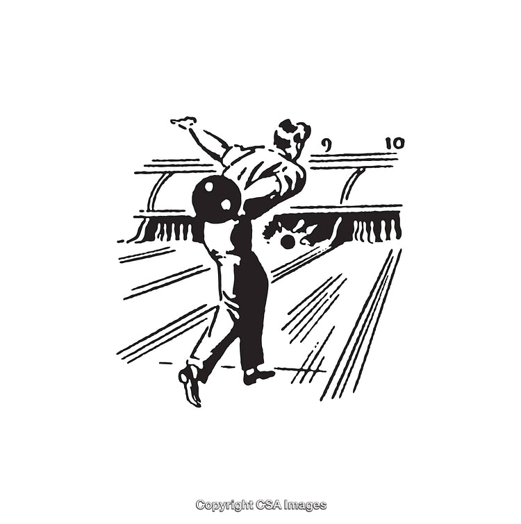 Black and White Illustration of a Man Bowling on a Lane
