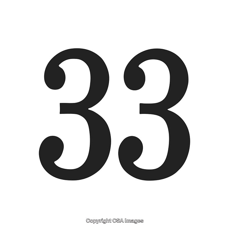 Black Number 33 on Minimal White Background Representing Numeric Sequence