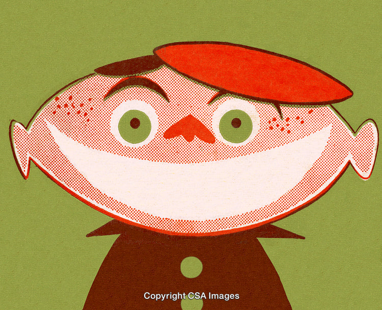 Vintage Character Art with Bold Smiling Face and Stylistic Features