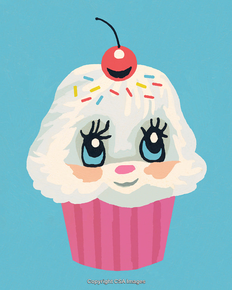 Cute Whimsical Cupcake With Cherry and Sprinkles on a Blue Background
