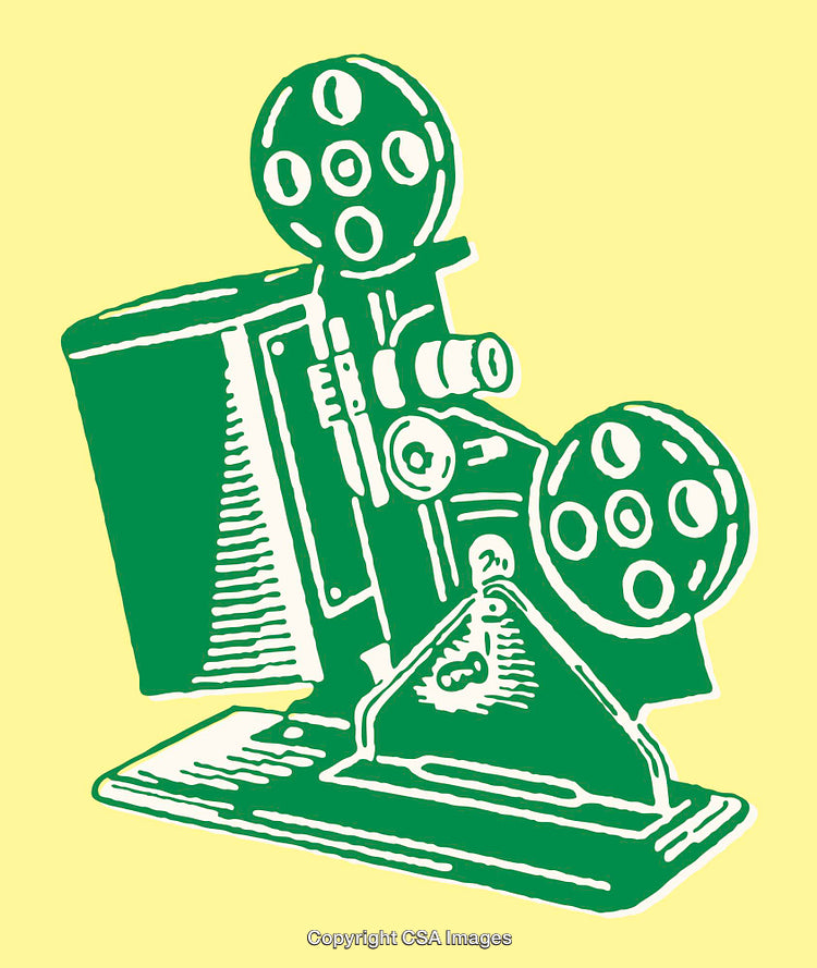 Vintage Film Projector Green Line Art on Yellow Background