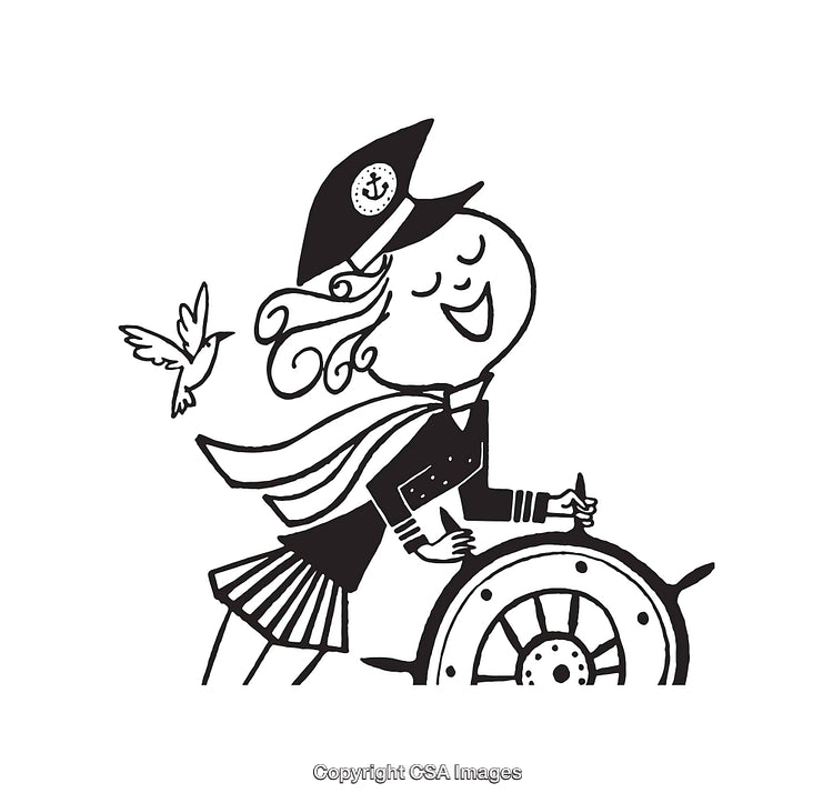 Black and White Illustration of a Joyful Captain at the Helm