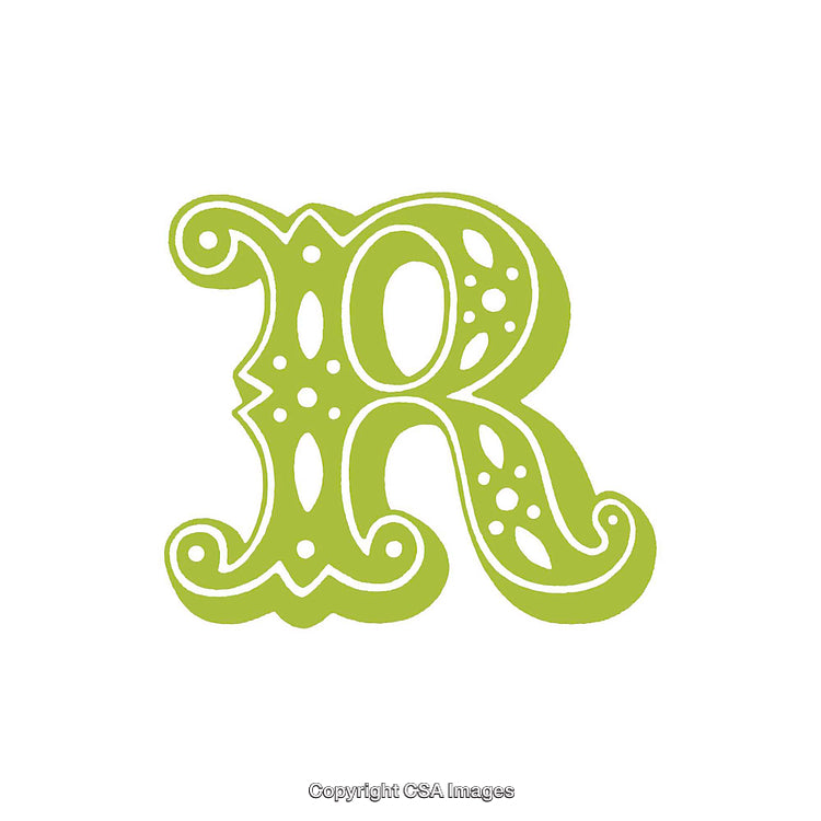 Stylized Decorative Green Letter R in Ornamental Font Design
