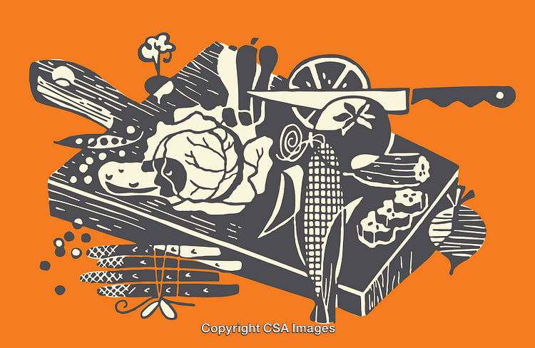Chopping Board with Vegetables and Fruit on an Orange Background