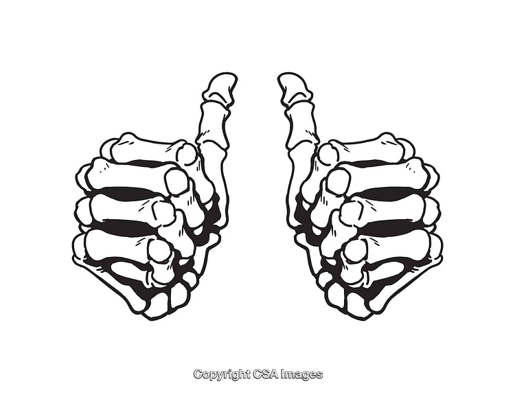 Skeleton Hands Giving Thumbs Up in Black and White Line Art Illustration