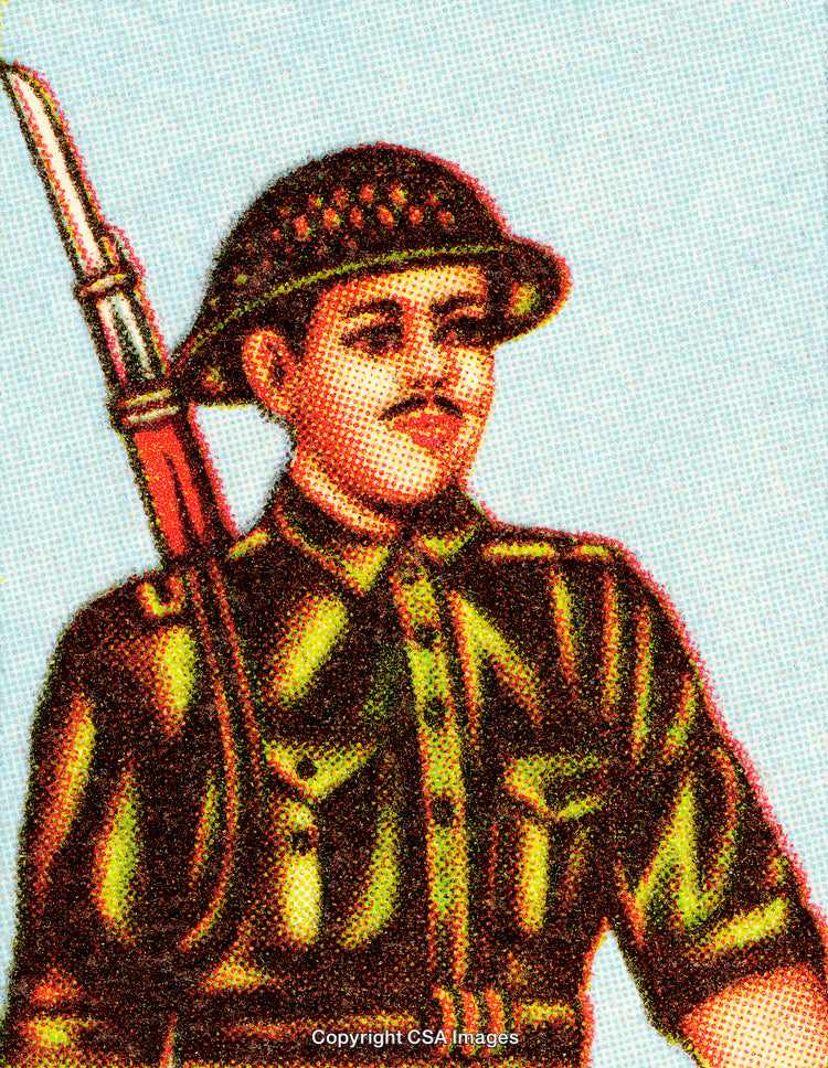 Vintage Illustration of Soldier in Uniform with Rifle and Bayonet