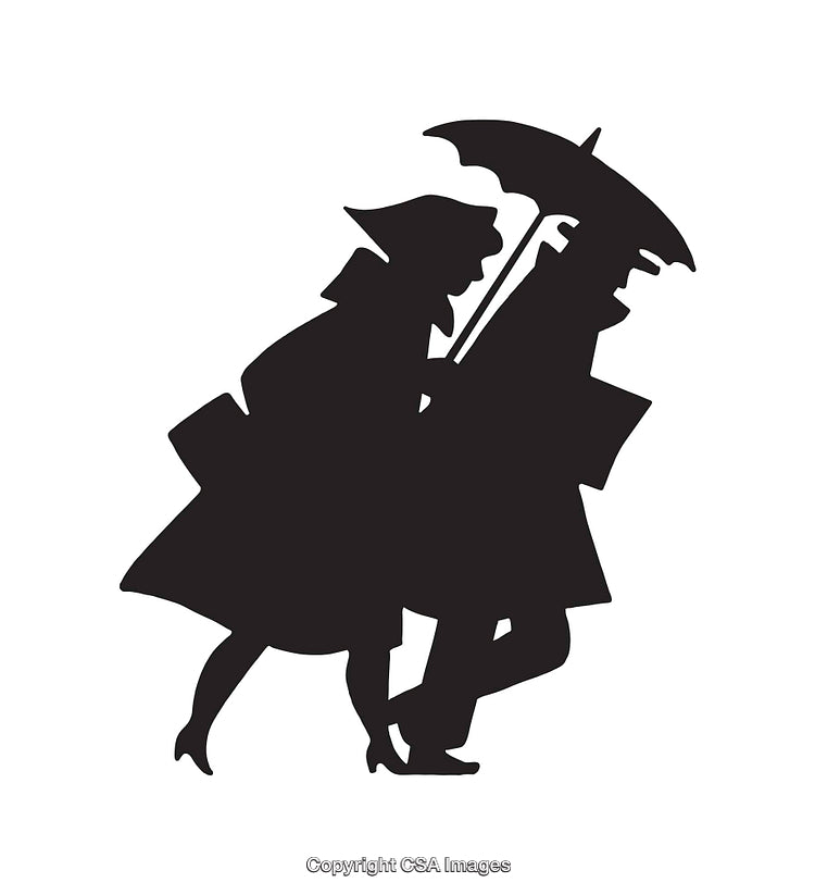Silhouette of Walking Figures in the Rain Holding an Umbrella
