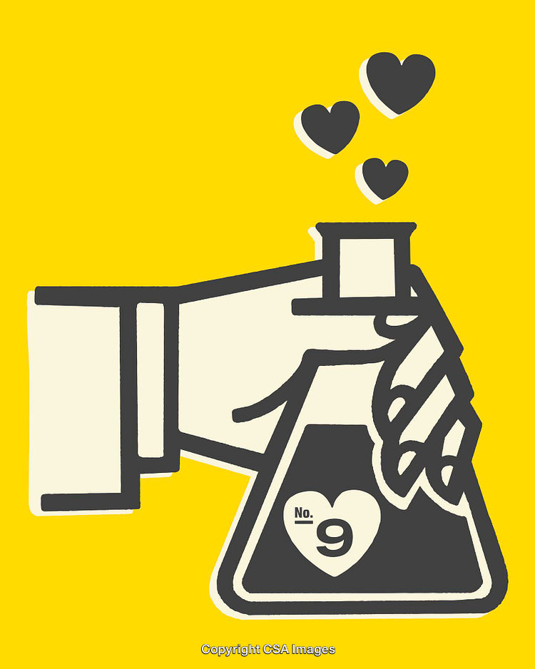 Illustration of a Hand Holding Flask with Love-Themed Icons