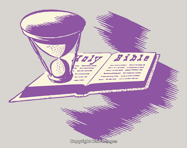 Hourglass and Holy Bible Illustration Depicting Time and Faith