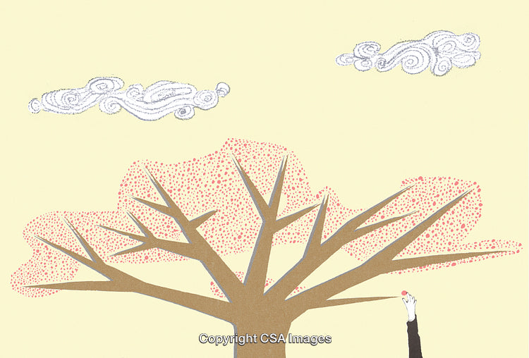 Illustration of a Tree with Clouds and Hand Reaching Up