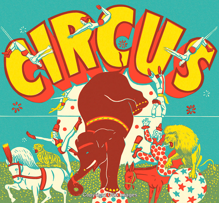 Colorful Vintage Circus Poster Featuring Performers and Animals