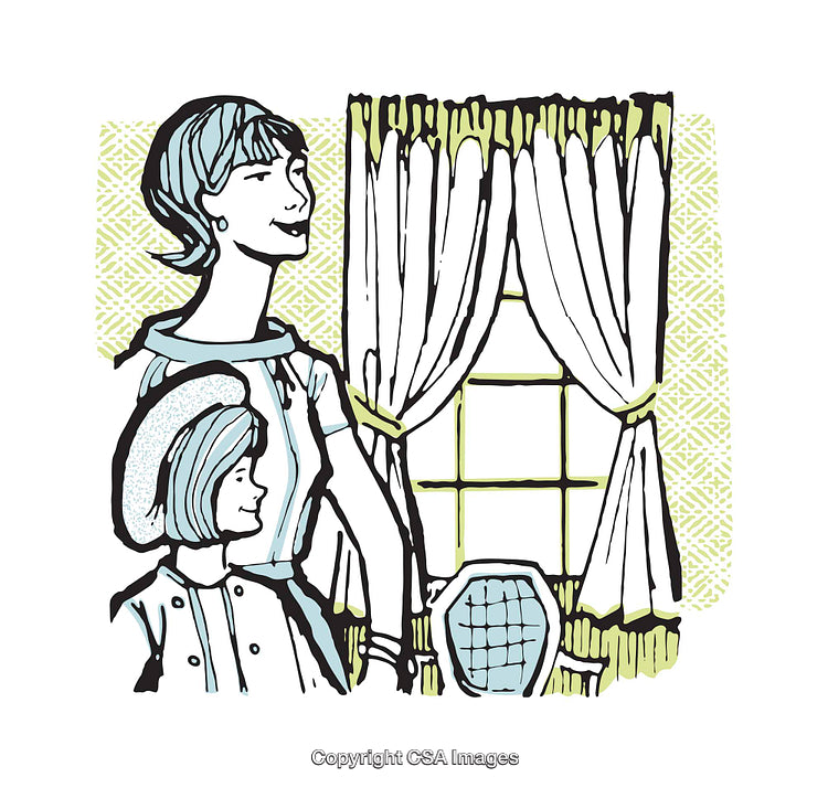 Retro Illustration of a Woman and Child by a Curtain-Framed Window