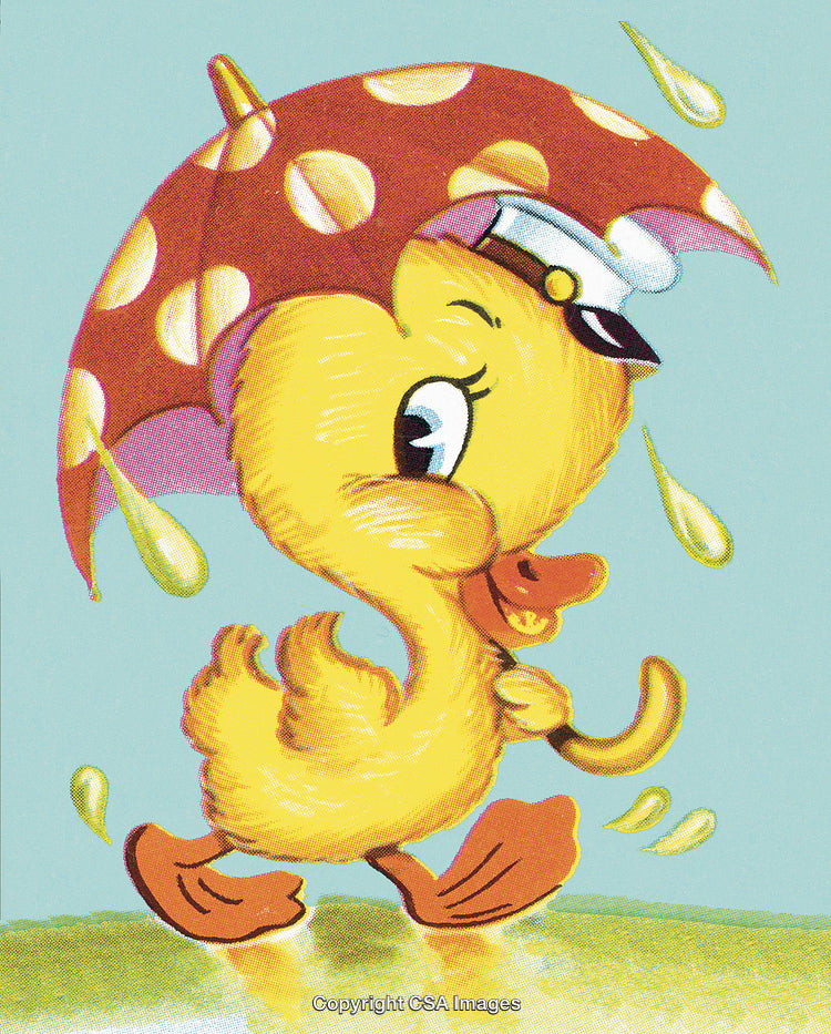 Vintage Illustration of a Cheerful Duck with an Umbrella in the Rain