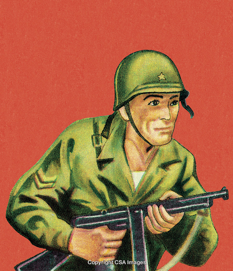 Retro Styled Illustration of Soldier Holding Rifle on Red Background
