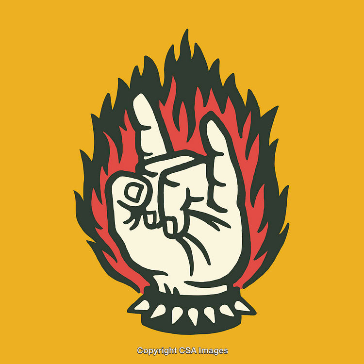 Flaming Rock Hand Gesture with Bold Colors and Spiked Wristband