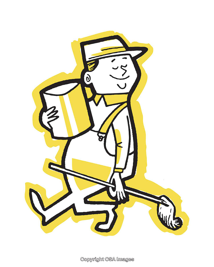 Colorful Cartoon Illustration of Cheerful Worker Holding Supplies and Mop