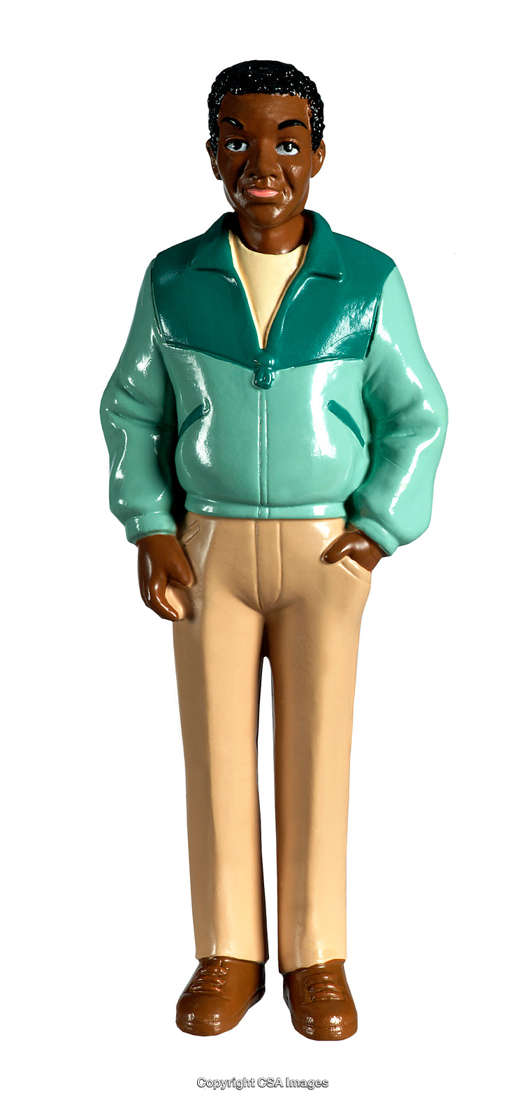 Plastic Toy Figure in Green Jacket Standing with Hands in Pockets