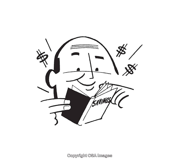 Simple Line Art Showing Joyful Man Reviewing Savings with Dollar Symbols
