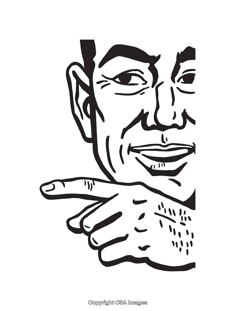 Black and White Line Art of a Person Pointing with a Smile